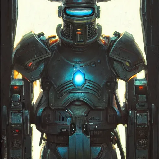 Image similar to the doomslayer as a realistic scifi cyberpunk knight, closeup portrait art by donato giancola and greg rutkowski, vintage retro scifi, realistic face, digital art, trending on artstation, symmetry!!!