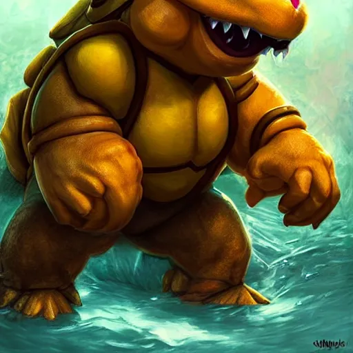 Image similar to bowser from super mario as realistic yellow turtle character art portrait, matte fantasy painting, deviantart artstation, by jason felix by steve argyle by tyler jacobson by peter mohrbacher, cinema c 9. 0