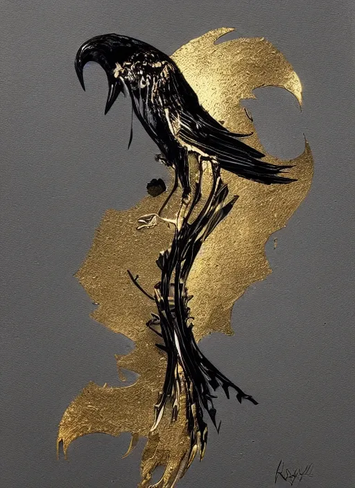 Prompt: metal crow, award - winning painting, abstract, gold and silver shapes, elegant, luxurious, beautiful, lovecraftian, beksinksi, chiaroscuro