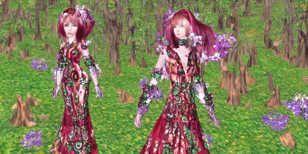 Image similar to cute female forest spirit wearing ornate floral cybernetic hungarian valentino resort dress in a 3 d psx ps 2 jrpg style, esoteric magical alien meadow ritual environment, fashion gameplay screenshot, highly detailed, atelier, xenogears