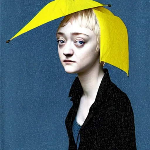 Image similar to Dakota Fanning with short blue hair wearing a yellow raincoat by Dave McKean