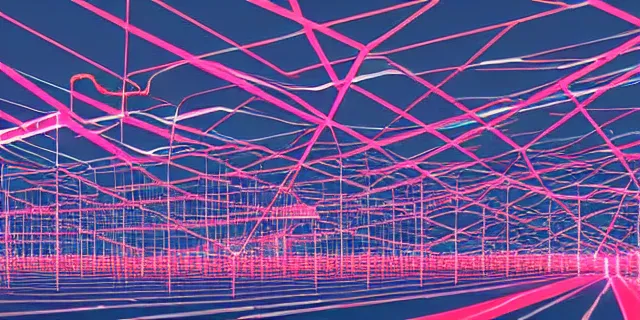 Prompt: glowing chains of interconnected network of technological cubes floating in the middle of a cyberpunk tokyo 2 0 9 9 city, in the art style of dan mumford and marc simonetii