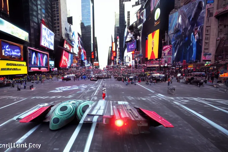 Prompt: Cinematography of a star wars pod racing in times square in new york by Emmanuek Lubensky. Sebulba pod. Anakin skywalker pod