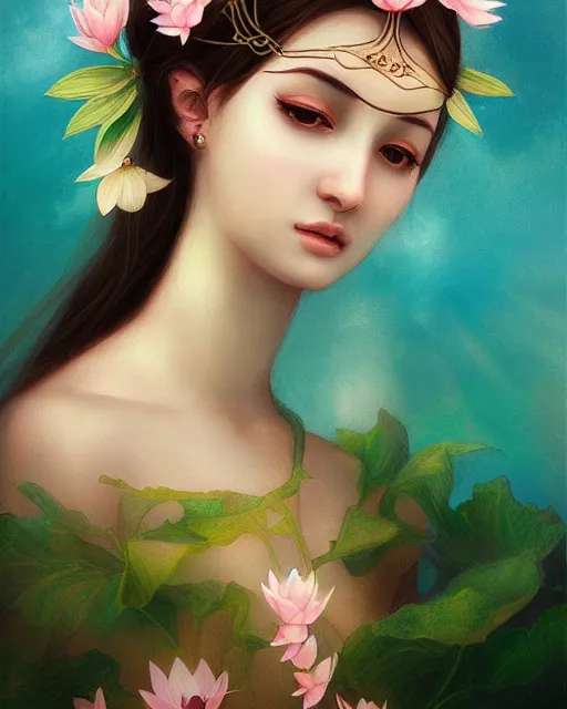 Prompt: the goddess of summer, with lotus on her head, half - length head portrait, dreamy, beautiful, by wlop