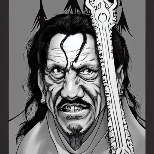 Image similar to Danny Trejo as church nun, dark fantasy, highly detailed, artstation, manga illustration by Kentaro Miura berserk