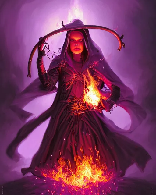 Image similar to pyromancer witch cover in purple flames, deep pyro colors, purple laser lighting, award winning photograph, radiant flares, realism, lens flare, intricate, various refining methods, micro macro autofocus, evil realm magic painting vibes, hyperrealistic painting by michael komarck - daniel dos santos