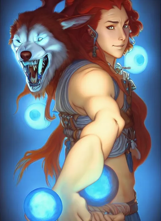 Prompt: lunatic fantasy barbarian with a canine face holding a glowing blue orb natural lighting, path traced, highly detailed, high quality, digital painting, by don bluth and ross tran and studio ghibli and alphonse mucha, artgerm