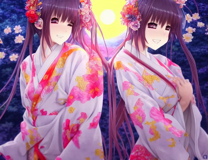 Image similar to two beautiful anime girls wear fantasy kimono in festival | | sunny night, full moon, dreamlike art, realistic shaded, smile, good looking, hyper details, 4 k realistic, cryengine, realistic shaded lighting poster by artgerm, ross tran, fuji choko, 8 k resolution, trending on artstation, luxury