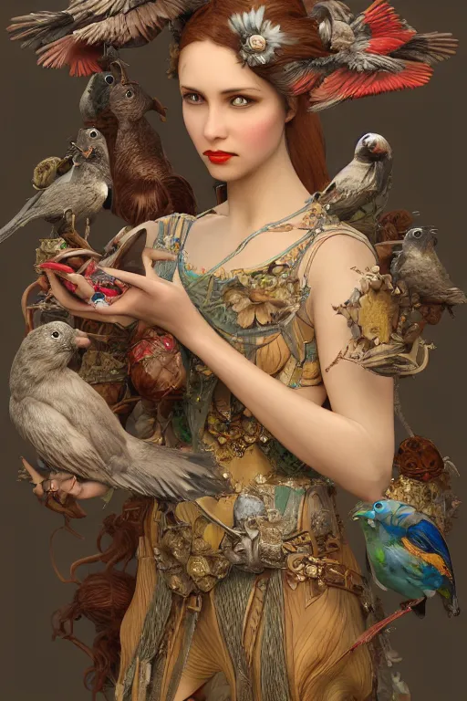 Image similar to zoom in 3 d render of english princess holding birds, ornaments, mechanical parts, mucha vibe, dieselpunk, solarpunk, artstation, andrei riabovitchev