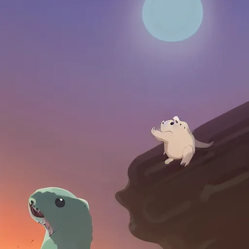 Prompt: baby harp seals being eaten by a tyrannosaurus in a tropical alien world, atey ghailan, goro fujita, studio ghibli, scary lighting, clear focus, very coherent