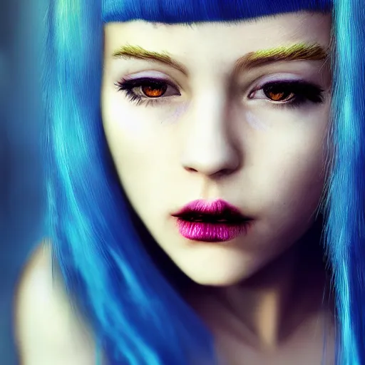 Prompt: The dragon girl portrait, portrait of young girl half dragon half human, dragon girl, dragon skin, dragon eyes, dragon crown, blue hair, long hair, highly detailed, cinematic lighting, by David Lynch