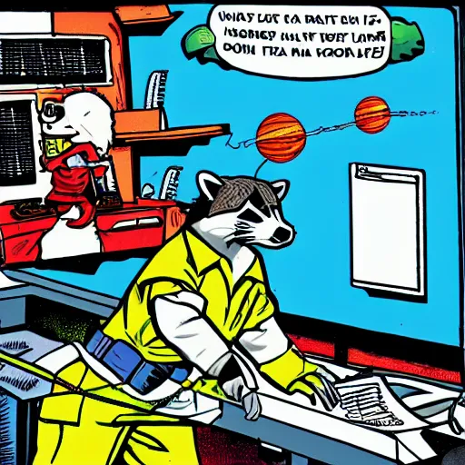 Image similar to a raccoon janitor messing with the controls on a spaceship, comic book illustration