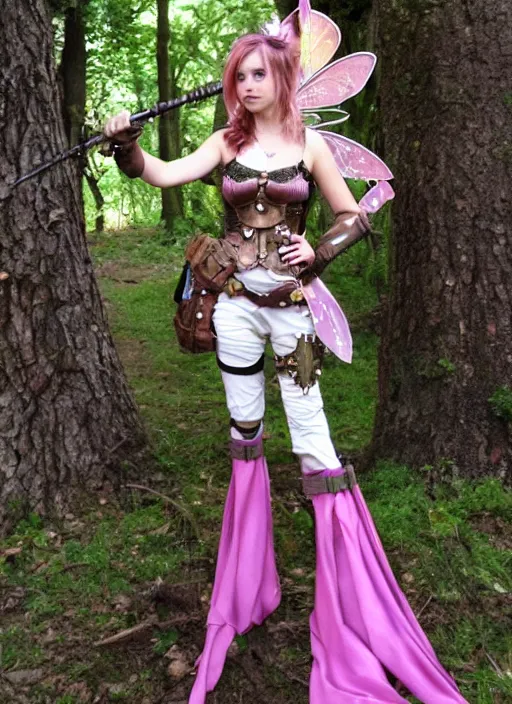 Image similar to Brown hair pink eye female faerie heart paladin planeteer + Tinkerbell +pixie hollow + steampunk + full dress + sparked and a full plate armor + D&D + full body