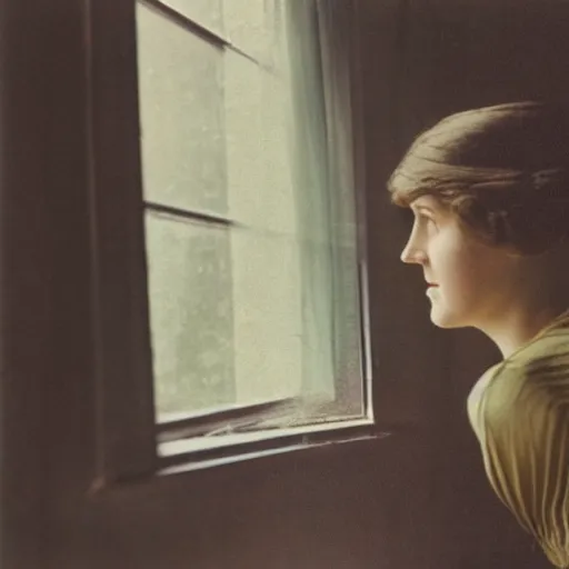 Prompt: a vintage 1 9 1 0 s kodachrome slide of a young woman at home looking out a window.