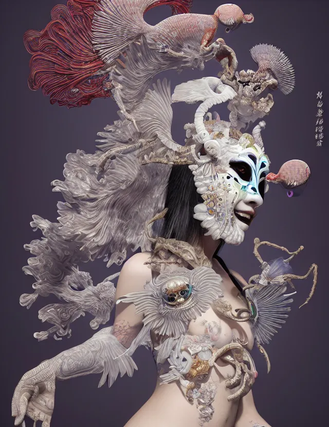 Image similar to 3 d goddess bottom - up with ram skull. beautiful intricately detailed japanese crow kitsune mask and clasical japanese kimono. betta fish, jellyfish phoenix, bio luminescent, plasma, ice, water, wind, creature, artwork by tooth wu and wlop and beeple and greg rutkowski