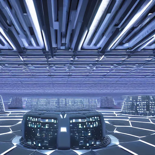 Prompt: detailed futuristic utopian fantasy, futuristic natural beauty, artstation style, honeycomb halls, interior, futuristic government chambers, very large hall with many cubicles of desks and chairs arranged in circles, many computer screens, soft lamp illumination and multiple doorways, synthwave, futuristic utopian architecture