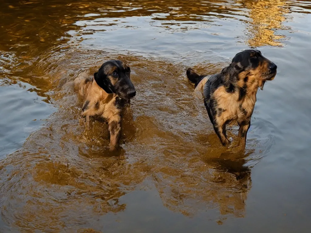 Prompt: a dog!!!!!!!!!!!! looking!!!!! down!!!!!, reflection!!!!! in water, ripples, small stream, beautiful!!!!!! photograph, golden hour, high resolution, national geographic