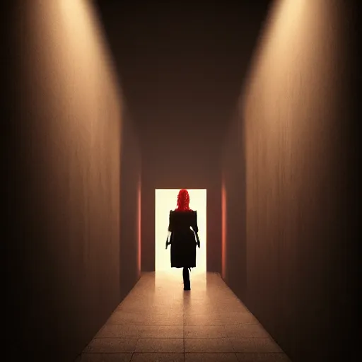 Prompt: A creepy woman standing in the center at the end of a dark red, long, fibrous hallway with hardly any light illuminating the room, dark photography, dark art style, trending on artstation, artstationHQ, artstationHD, 4k, 8k