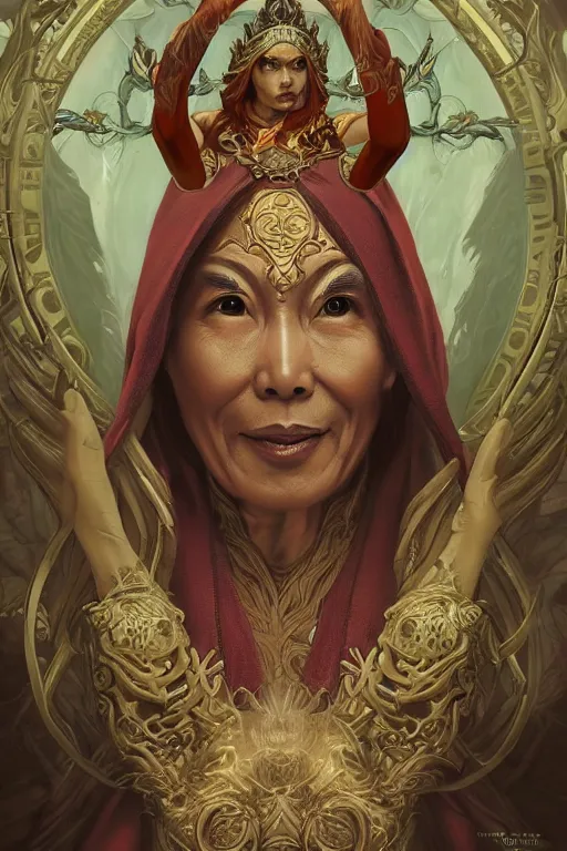 Image similar to portrait of the dalai lama as a demon elf queen, forest, godlike, upper body, fantasy, intricate, elegant, highly detailed, digital painting, artstation, concept art, sharp focus, illustration, art by artgerm and greg rutkowski and alphonse mucha