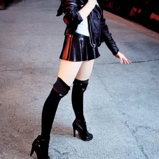 Image similar to a dynamic, epic cinematic 8K HD movie shot of a japanese young J-Pop idol girl wearing leather jacket, miniskirt, nylon tights and high heels boots. Motion, VFX, Inspirational arthouse