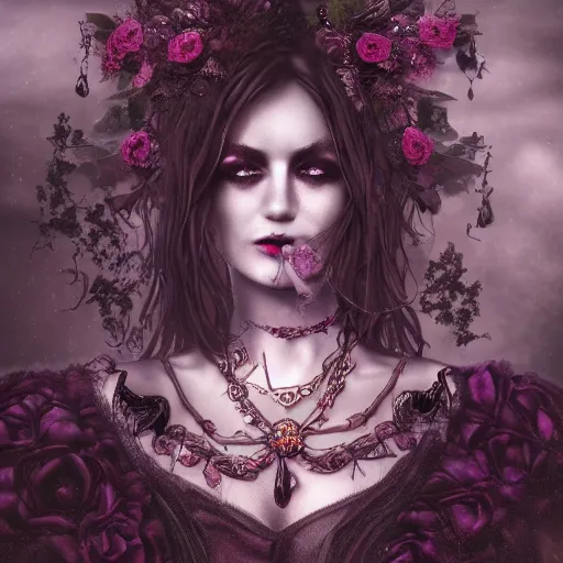 Image similar to A portrait of a Gothic goddess of floral jewels in an empty land, dark and mysterious, lively atmospheric, cinematic, 8k, 4k, ultra detail, ultra-realistic, rendered by DeviantArt