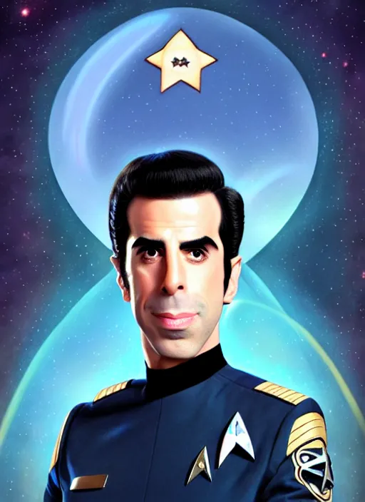 Image similar to cute star trek officer sacha baron cohen, natural lighting, path traced, highly detailed, high quality, digital painting, by don bluth and ross tran and studio ghibli and alphonse mucha, artgerm