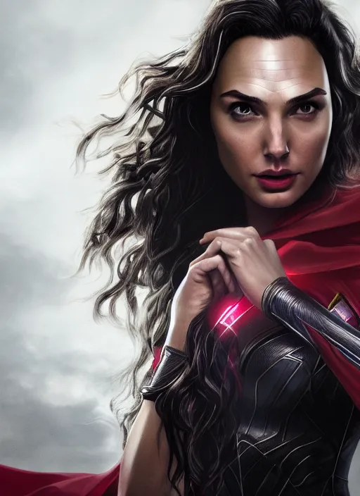 Image similar to a potrait of gal gadot as wanda maximoff by Zack Snyder, 8k photorealistic, cinematic lighting, HD, high details, dramatic, trending on artstation, view from above