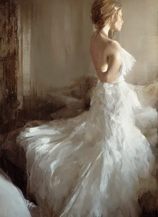 Prompt: portrait painting of a woman posing in an artistic over a bed, white lace wedding dress by jeremy mann, only one head single portrait