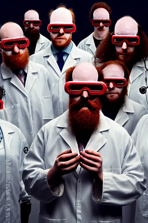 Image similar to a person with 3 eyes, person with a 3rd eye in the middle of their forehead, an awkwardly tall scientist with 3 eyes and a tangled beard and unruly red hair atop his balding head wearing a labcoat and welding goggles and holding a beaker, high resolution film still, movie by Ivan Reitman