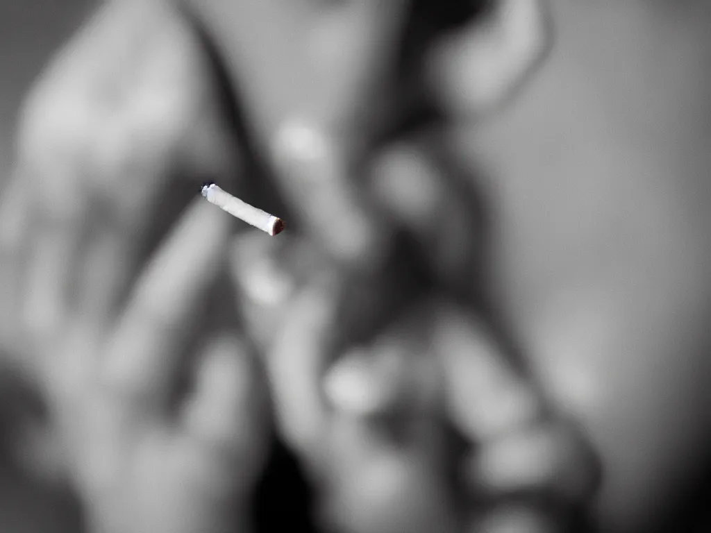 Prompt: Close-up view of hyperrealistic thin soft hand holding lit cigarette with smoke, photo by Damien Lovegrove, 4K