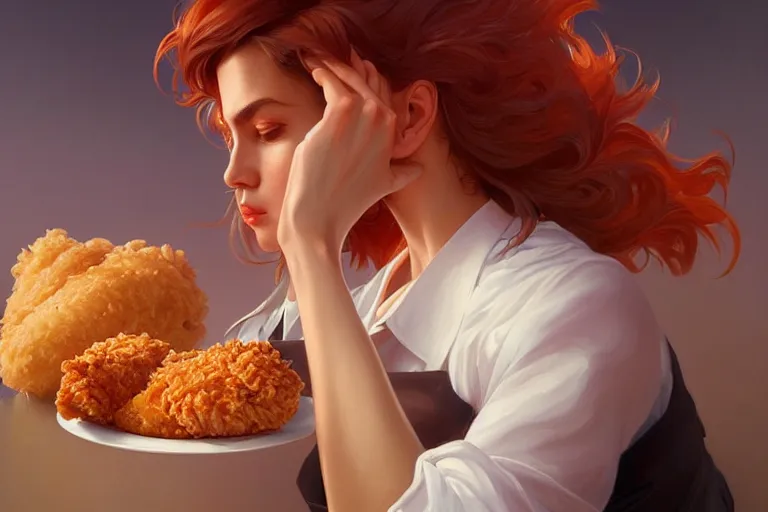 Image similar to kfc chicken, portrait, elegant, intricate, digital painting, artstation, concept art, smooth, sharp focus, illustration, art by artgerm and greg rutkowski and alphonse mucha