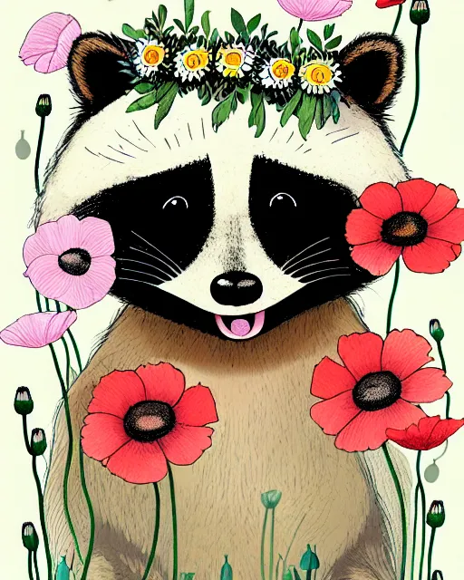 Prompt: a illustration of a smiling happy cute raccoon wearing a flower crown of daisies and poppies, by antoine de saint - exupery and annabel kidston and naomi okubo and jean - baptiste monge. a child storybook illustration, muted colors, soft colors, low saturation, fine lines, white paper