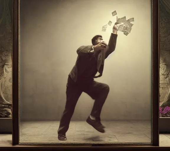 Prompt: man throwing money into the air, money conffeti by gustave dore. back glass painting, carnation, encaustic painting, b - roll, establishing shot, dappled light, crime scene photography, 8 k, vray, unreal engine, blender cycles, colorful