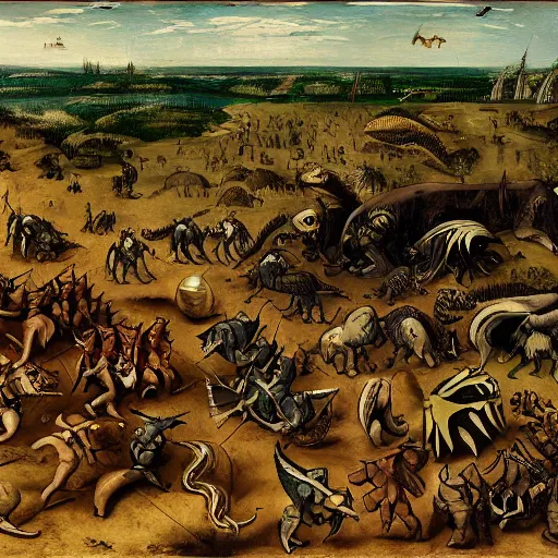 Image similar to adventurers battling a tyrannosaurus, in the style of pieter bruegel