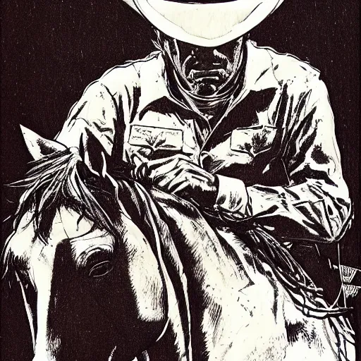 Image similar to a portrait of a cowboy and his horse, by sergio toppi