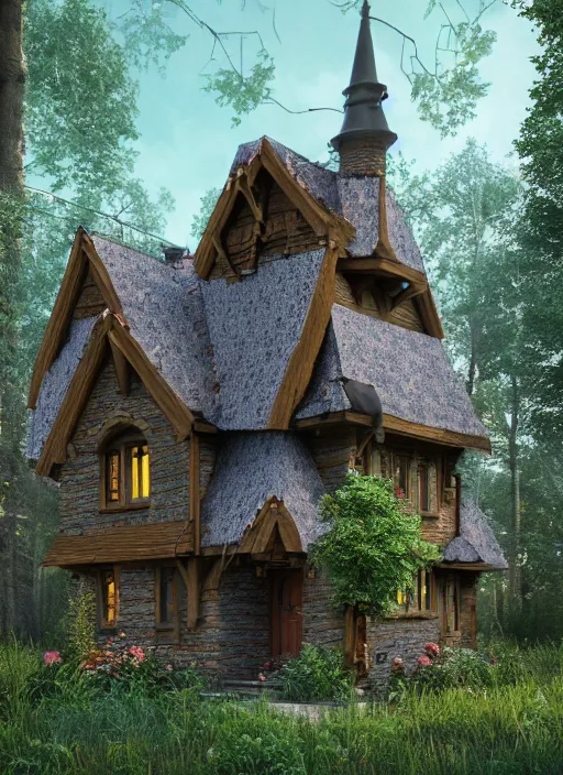 Image similar to hyper realistic homely ornate witch cottage architectural, in the woods gorgeous lighting, blue sky, highly detailed, lush forest architectural render, octane render, ue 5 raytraced