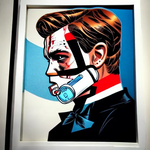 Image similar to a profile photo of an james bond side profile with a diving oxygen mask with side profile blood in ocean intricate details by MARVEL comics and Sandra Chevrier-C