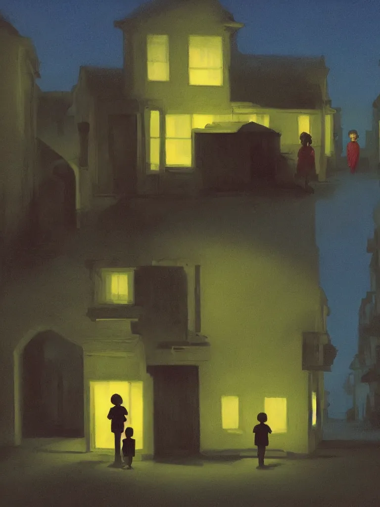 Image similar to two kids posing for a picture at night, dark, backlighting, small village, town square, artwork by edward hopper, james gilleard, zdzislaw beksinski, pastel colors, atmospheric