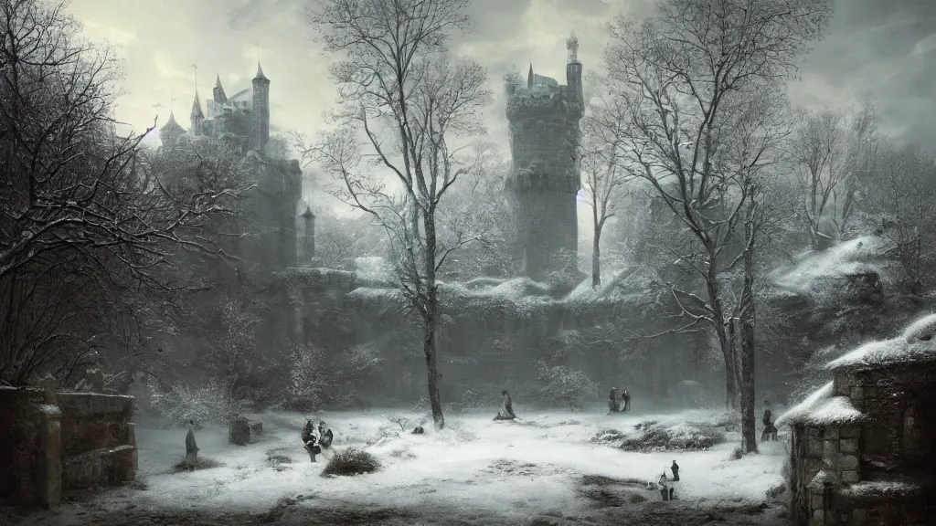 Image similar to the tall castle walls overshadow the secret garden in winter. andreas achenbach, artgerm, mikko lagerstedt, zack snyder, tokujin yoshioka