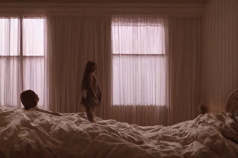 Image similar to vfx movie scene sleep paralysis night, a monster outside the extravagant bedroom window, natural lighting by emmanuel lubezki