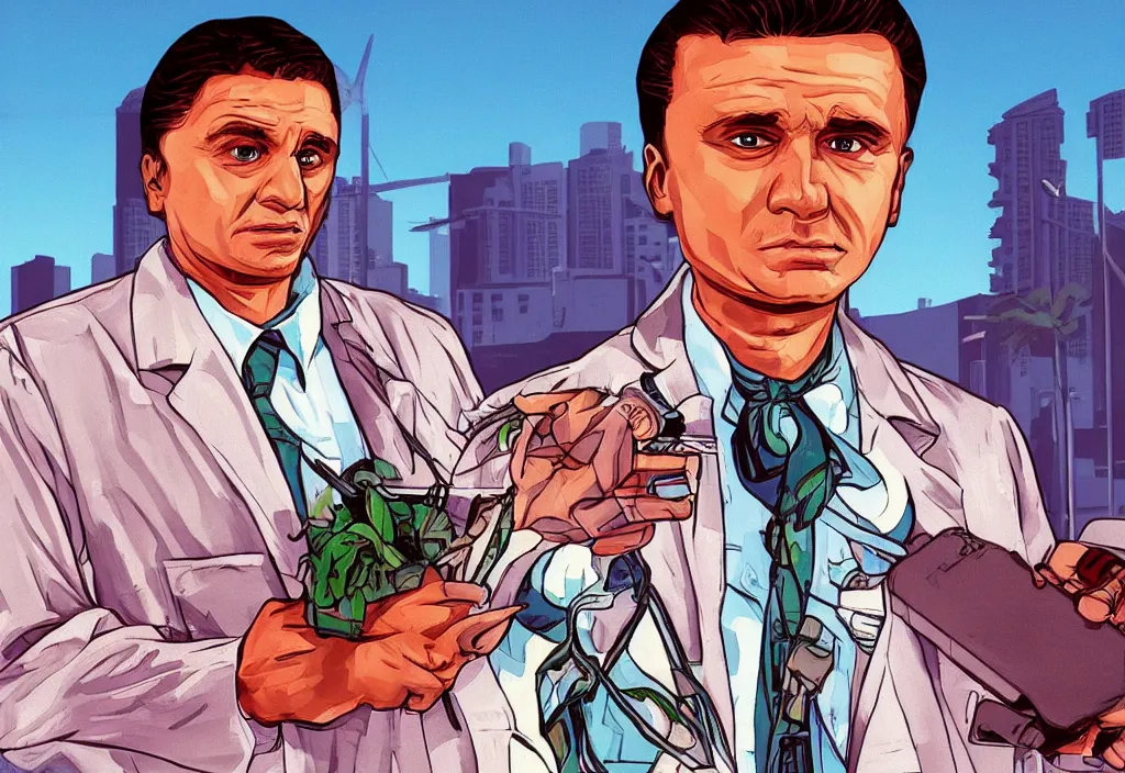 Prompt: a young josef ratzinger in grand theft auto loading screen, gta art style, illustration, beach, miami, vice city