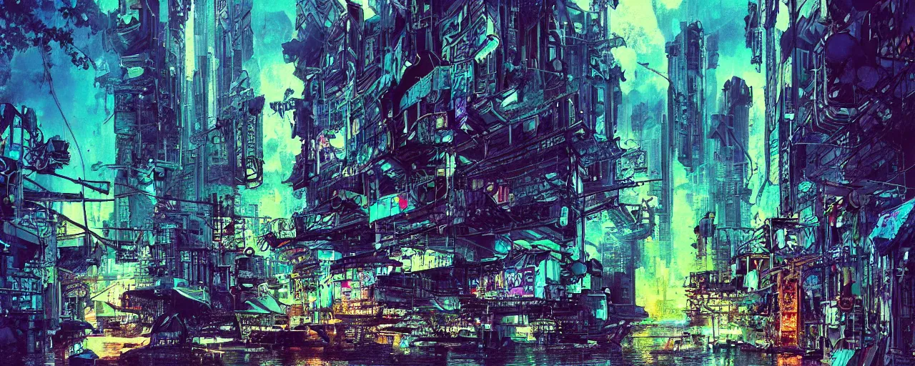 Image similar to dichroic ultra realistic illustration of beautiful ruination futuristic cyberpunk flooded kowloon, epic composition, accidental baroque golden ratio, by bill sienkiewicz. graffiti art, scifi, fantasy, hyper detailed. concept sketch. concept art. trending on artstation