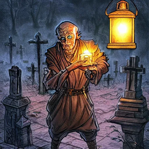 Prompt: cleric holding a lantern in a cemetery surrounded by zombies, ravenloft style, intricate, fantasy, rpg, d&d, drawn by Clyde Caldwell