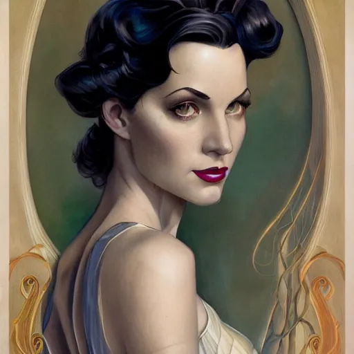 Image similar to a streamline moderne, ( art nouveau ), mixed - race portrait in the style of charlie bowater, and in the style of donato giancola, and in the style of charles dulac. intelligent, beautiful eyes. symmetry, ultrasharp focus, dramatic lighting, semirealism, intricate symmetrical ultrafine background detail.