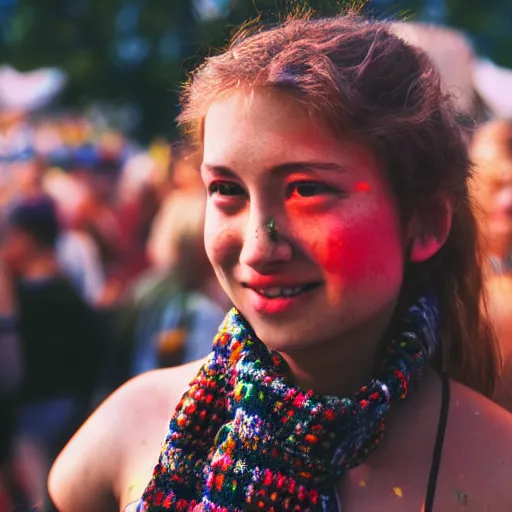 Prompt: a ultra high resolution close - up of a beautiful young woman standing in crowd of psytrance music festival, looking down at the camera. her face is partially obscured by a red scarf, and she has a smiling expression. the light is dim, and the colours are muted. kodak etkar 1 0 0.