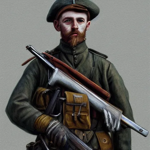 Image similar to portrait of an irish rebel soldier in 1 9 1 6 holding his rifle, trending on artstation