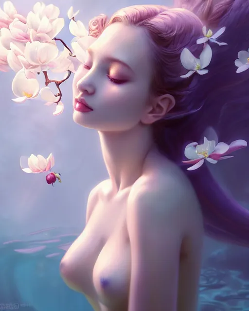 Prompt: character art of a goddess of magnolias as underwater angelic young female | | seductive - fine - face, pretty face, key visual, realistic shaded perfect face, fine details by stanley artgerm lau, wlop, nekro, james jean, andrei riabovitchev, marc simonetti, and sakimichan, trending on artstation