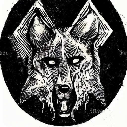 Image similar to wolf with three heads iconography old occult runes intaglio etching engraving alchemy ink witchcraft