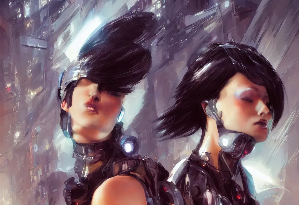 Prompt: a portrait of a beautiful girl, small horns on her head, short black hair, pixie cut, cyberpunk style, futuristic, realism, wide shot, dramatic lighting, digital art, 8k resolution, high detail, by Boris Vallejo