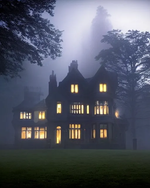 Image similar to a wide angle low photo of a ghostly victorian mansion howvering above a misty forest at night, volumetric light, epic proportions